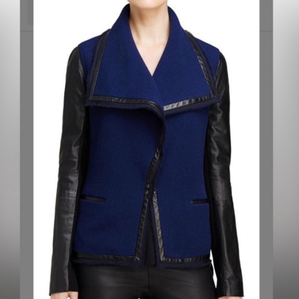 Vince Boucle Blue Knit Black Lambskin Leather Drape Moto Jacket sz 6